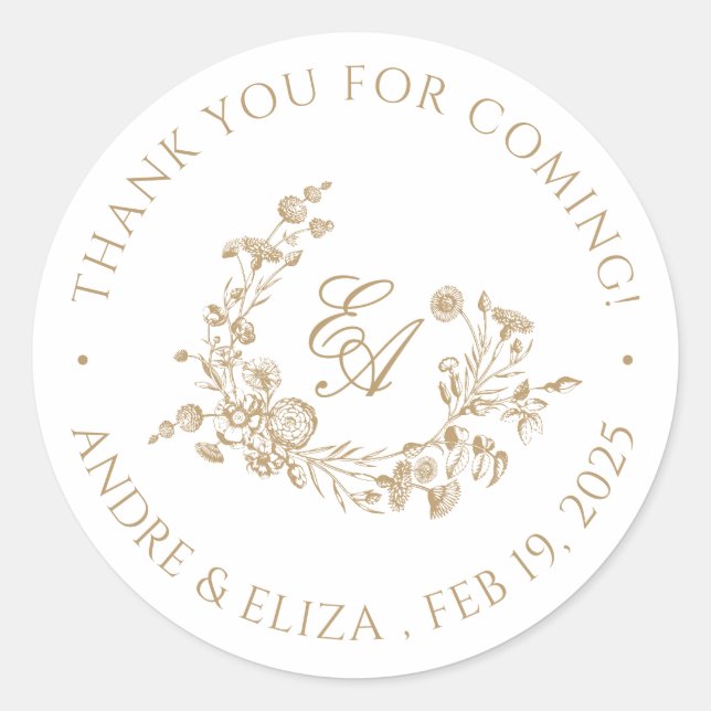 Élégant Monogramme Or Floral Classic Round Sticker (Devant)