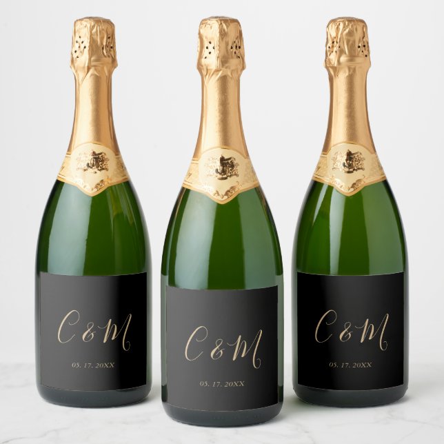 Élégant Monogramme Or Mariage noir Étiquette de vi (Bouteilles)