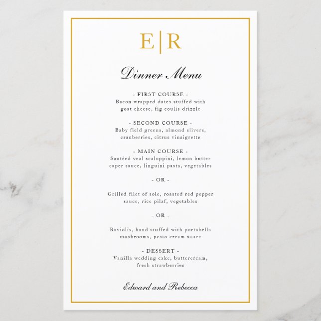 Élégant Monogramme Or Menu Mariage officiel (Devant)
