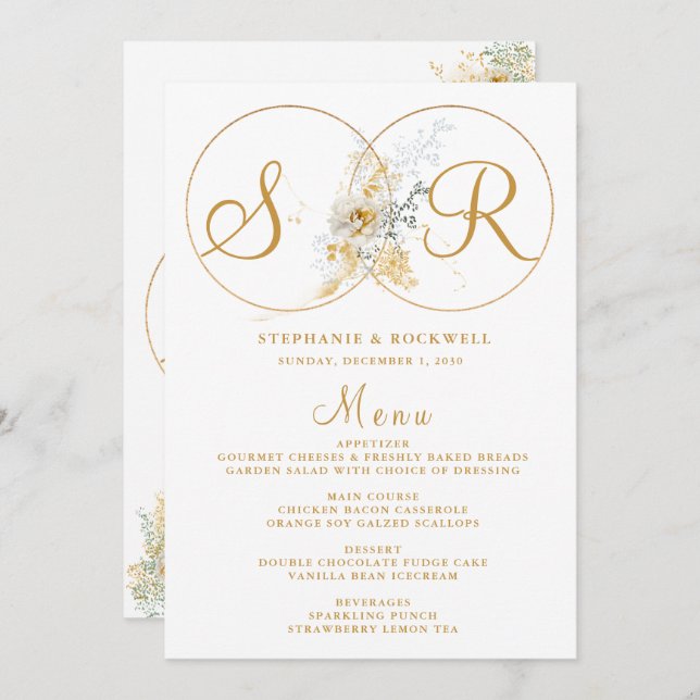 Élégant Monogramme Or Nom Menu Mariage initial (Devant / Derrière)