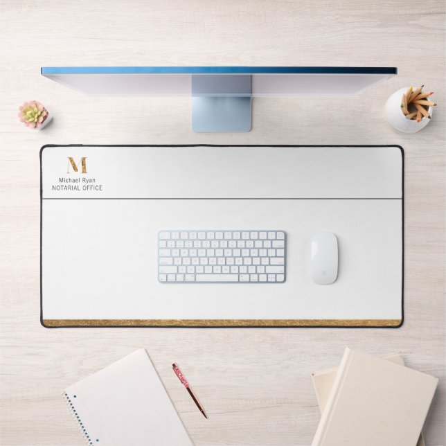 Élégant Monogramme personnalisé blanc et or (Bureau 1)