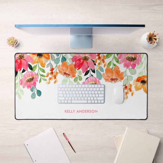 Élégant Monogramme rose Aquarelle floral (Bureau 1)