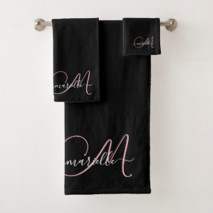 Élégant Monogramme rose noir Nom du script