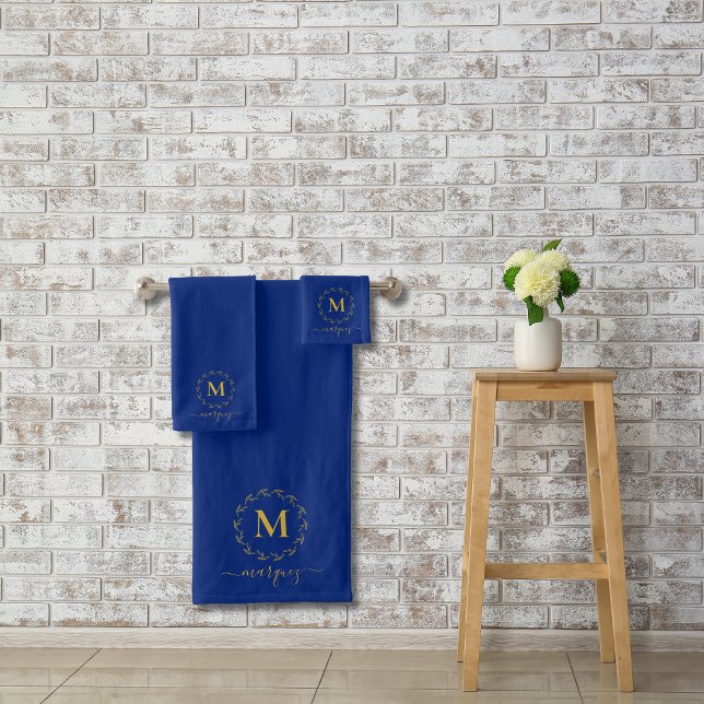 Élégant monogramme Royal Blue Gold Wreath (Créateur téléchargé)