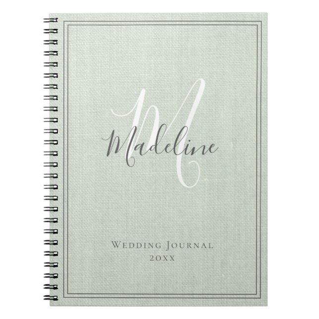 Élégant Monogramme rustique Sage Green Lin Journal (Devant)