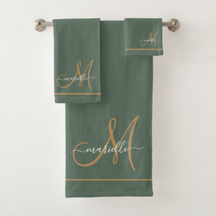 Élégant Monogramme Vert Or Nom Script