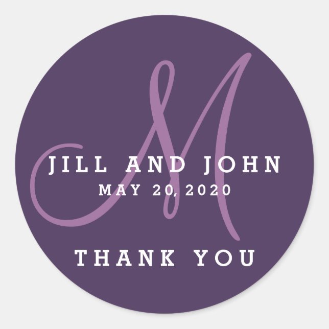 Élégant Monogramme Violet Mariage Favor Sticker (Devant)