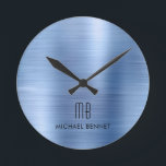 Elegant Monogrammed Blue Brushed Metallic Runde Wanduhr<br><div class="desc">Personalized Elegant Monogrammed Blue Brushed Round Clock.</div>