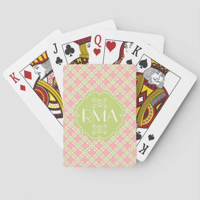 Elegant Monogrammed Clover Pattern Pink & Green Spielkarten (Rückseite)
