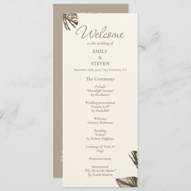 Elégant Monstera Gold Wedding Programme Card (Devant / Derrière)