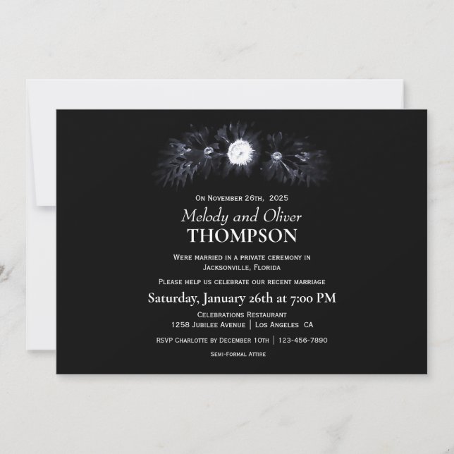 Elegant Moody Black Floral Post Wedding Einladung (Vorderseite)