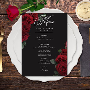 Elegant Moody Blood Rote Rose Floral Wedding Menükarte