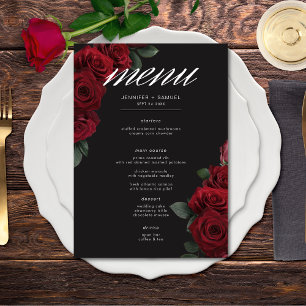 Elegant Moody Blood Rote Rose Floral Wedding Menükarte