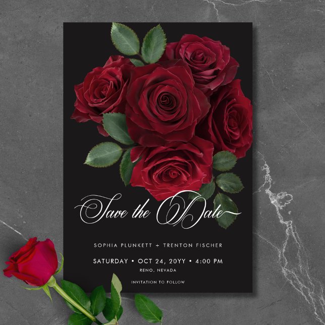 Elegant Moody Blood Rote Rose Floral Wedding Save The Date (Elegant Moody Blood Red Roses Floral Wedding Save The Date)