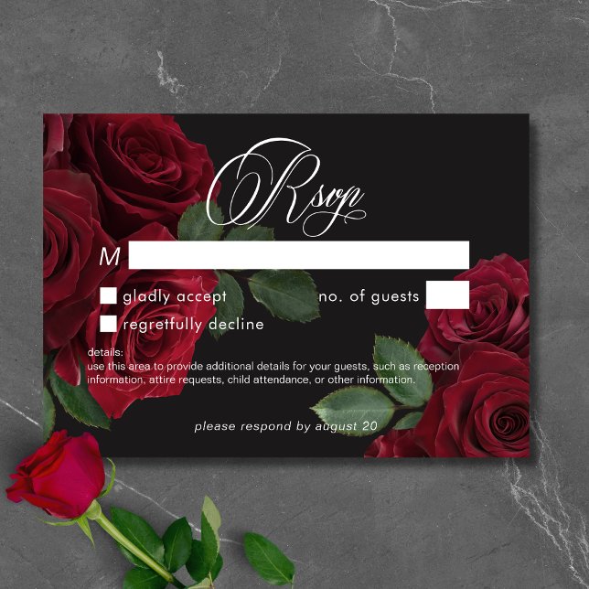 Elegant Moody Blood Rote Rosen Blumenkohl Kein Abe RSVP Karte (Elegant Moody Blood Red Roses Floral No Dinner RSVP Card)