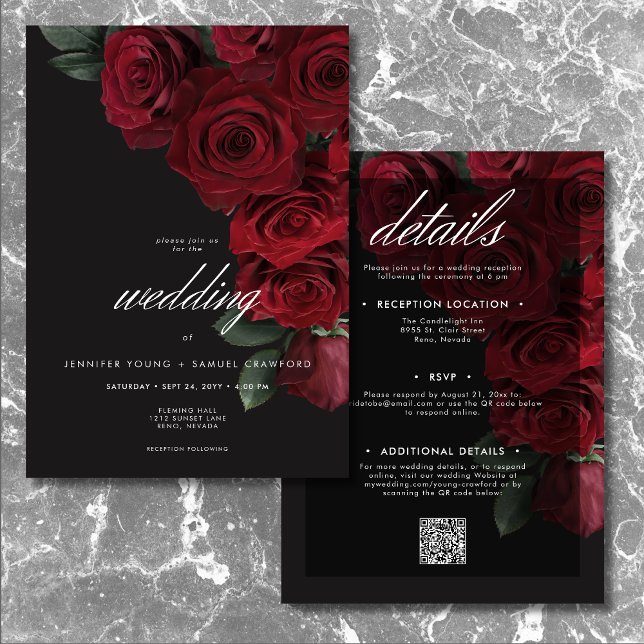 Elegant Moody Blood Rote Rosen floral Two Sided Einladung (Von Creator hochgeladen)