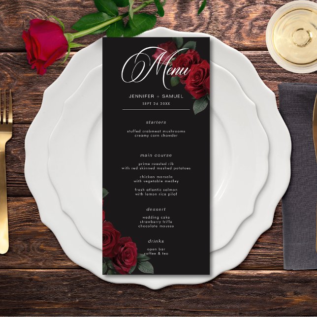 Elegant Moody Blood Rote Rosen Hochzeit Menükarte (Elegant Moody Blood Red Roses Wedding Long Menu)