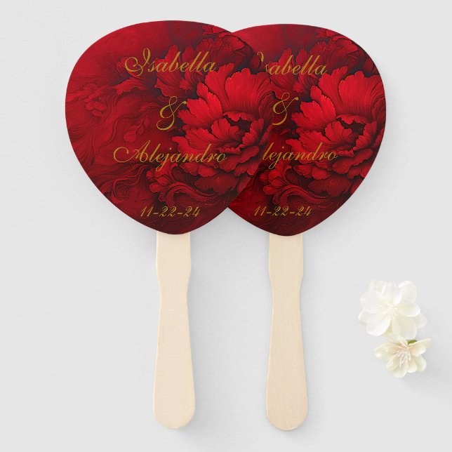 Elegant Moody Burgundy Red Floral Wedding Fächer (Vorne und Hinten)