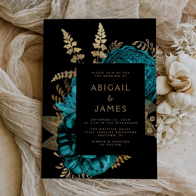 Elegant Moody Dark Floral Türkise Gold Wedding Einladung (The perfect choice for a romantic turquoise and gold themed wedding.)