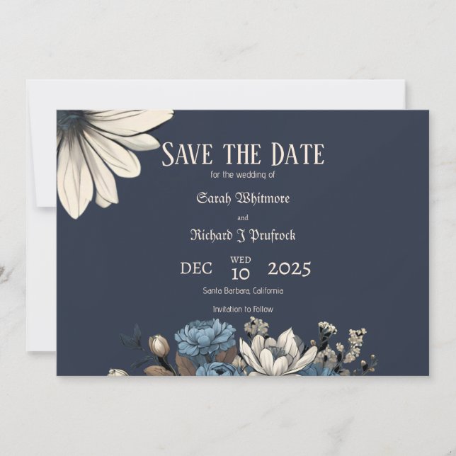Elegant Moody Navy Blue Floral Save The Date (Vorderseite)