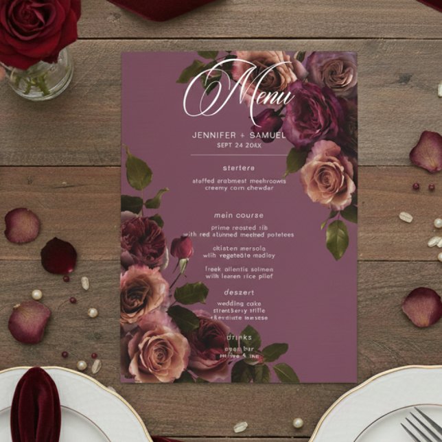 Elegant Moody Soft Rust & Burgundy Floral Wedding Menükarte (Von Creator hochgeladen)