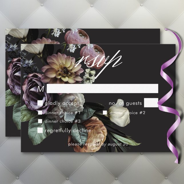 Elegant Moody Twilight Floral Wedding Dinner RSVP Karte (Elegant Moody Twilight Muted Floral Wedding Dinner RSVP Card)
