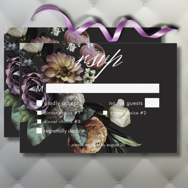 Elegant Moody Twilight Floral Wedding Dinner RSVP Karte (Elegant Moody Twilight Muted Floral Wedding Dinner RSVP Card)