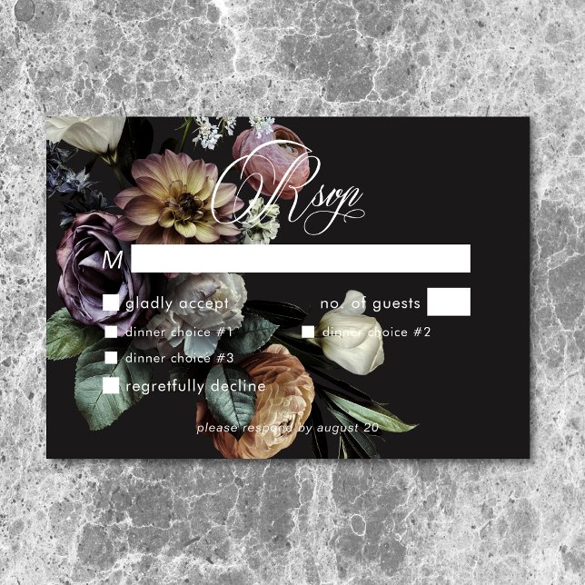 Elegant Moody Twilight Floral Wedding Dinner RSVP Karte (Elegant Moody Twilight Muted Floral Wedding Dinner RSVP Card)