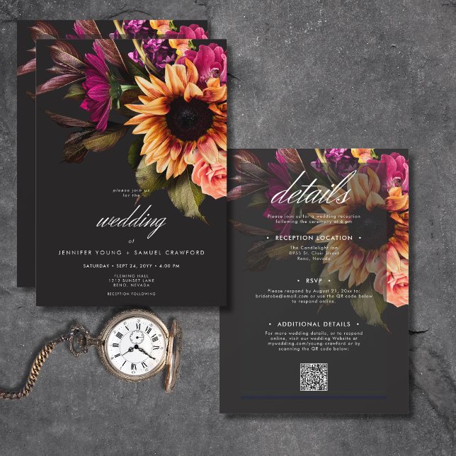 Elegant Moody Vibranly Sunset Floral Alles in alle Einladung (Elegant Moody Vibrant Sunset Floral All In One Invitation)