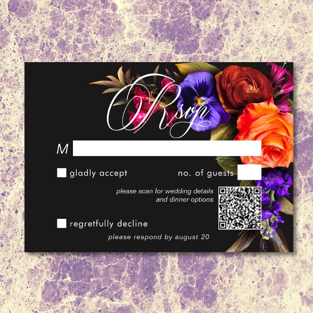 Elegant Moody Vibrant Harvest QR Code RSVP Karte (Elegant Moody Vibrant Harvest Floral QR Code RSVP Card)
