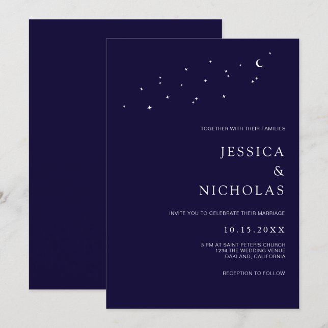 Elegant Moon & Stars Midnight Blue Wedding Einladung (Vorne/Hinten)