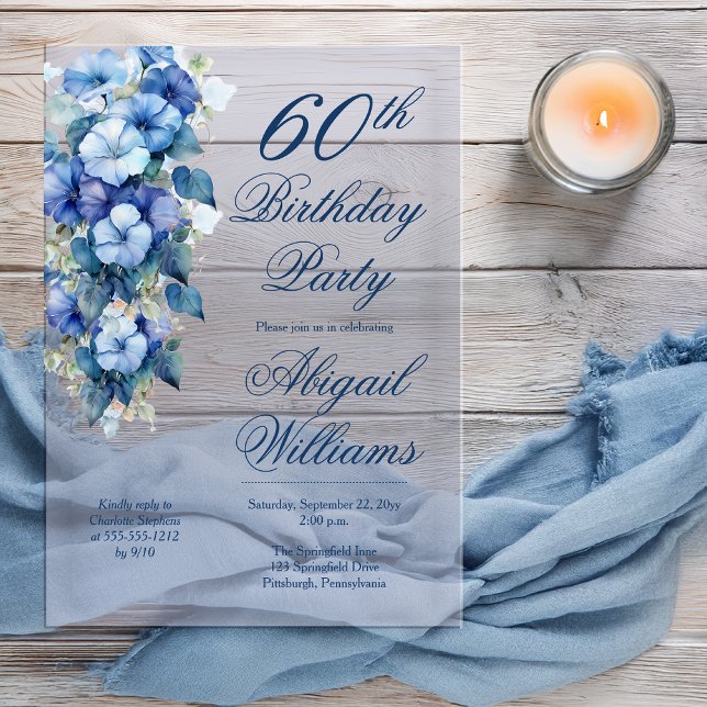 Elegant Morning Glories Blue Floral 60. Geburtstag Acryleinladungen (Boho Elegant Morning Glories Blue Floral 60th Birthday Party Acrylic Invitation )