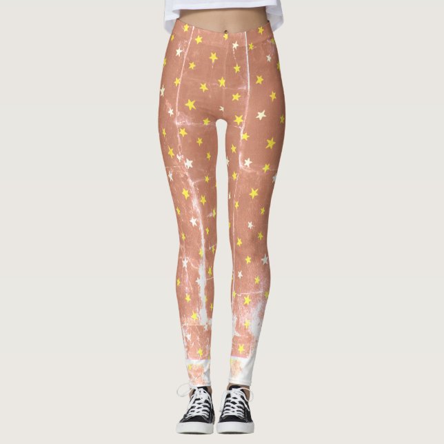 Élégant motif blanc et jaune étoiles Leggings (Devant)