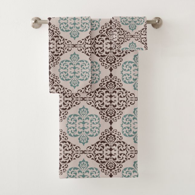 Élégant motif Damas Turquoise et Brown sur beige (En situation)