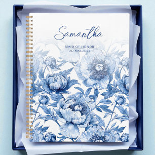 Élégant motif floral bleu Script Maid of Honor