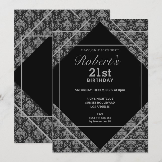Élégant Motif noir 21e anniversaire Invitation (Devant / Derrière)