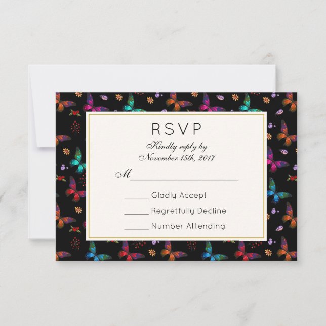 Elégant Motif papillon sur Black Wedding RSVP (Devant)