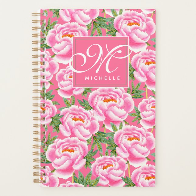 Élégant Motif Peonies - Rose Chaud, Monogramme (Devant)