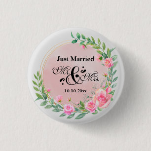 Elegant Mr. and Mrs Blush Pink Blume Wedding Button