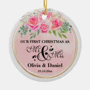 Elegant Mr. and Mrs Blush Pink Blume Wedding Keramik Ornament