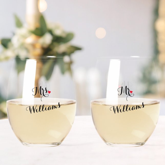 Elegant Mr. Newlyweds Couple Honeymoon Wedding Weinglas Ohne Stiel (Elegant Mr Mrs Newlyweds Couple Honeymoon Wedding Stemless Wine Glass)