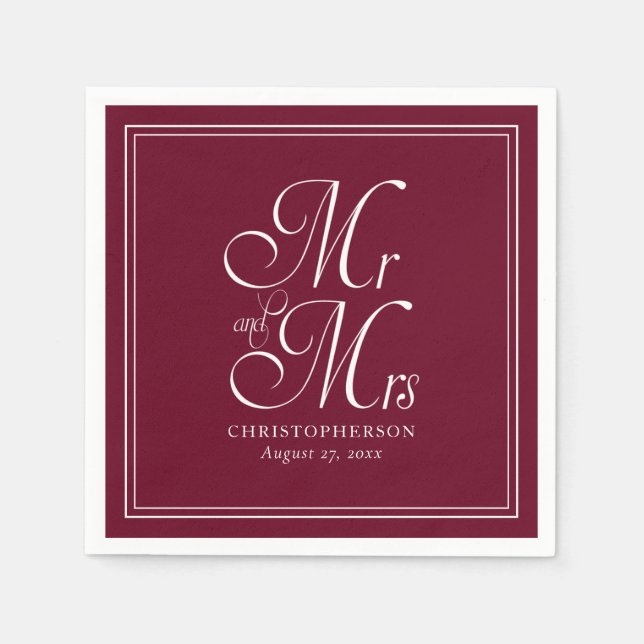 Elegant Mr. und Mrs. Burgundy Marsala Wedding Serviette (Vorderseite)