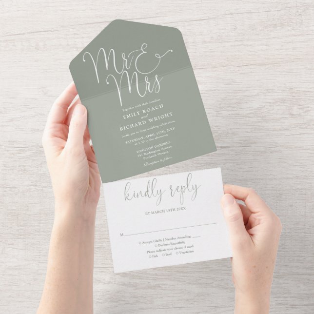 Elegant Mr. und Mrs. Script Sage Green Wedding All In One Einladung (Abreißen)