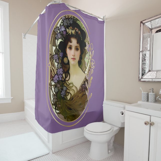 Elegant Mucha Style Porträt einer schönen Frau Duschvorhang (Beispiel)