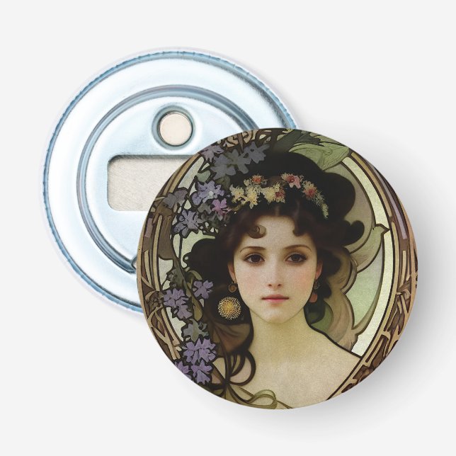 Elegant Mucha Style Porträt einer schönen Frau Flaschenöffner (Vorderseite)