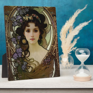 Elegant Mucha Style Porträt einer schönen Frau Fotoplatte