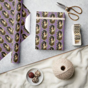Elegant Mucha Style Porträt einer schönen Frau Geschenkpapier