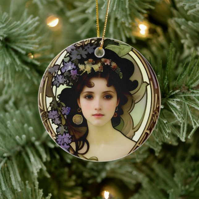 Elegant Mucha Style Porträt einer schönen Frau Keramik Ornament (Baum)