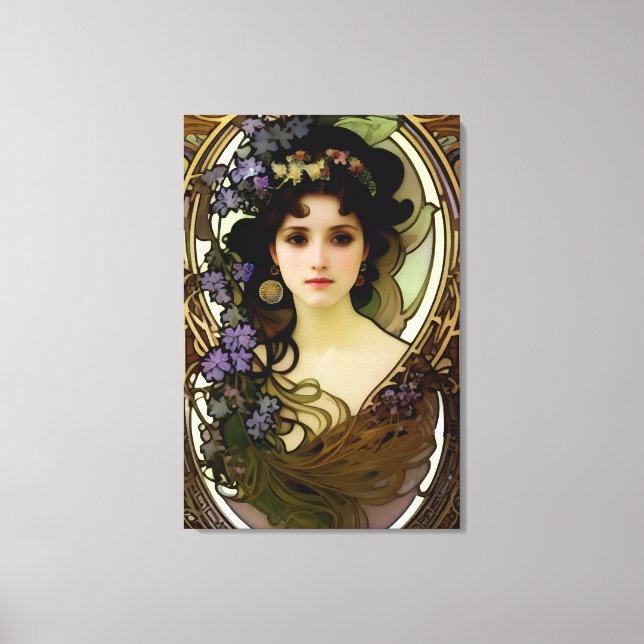 Elegant Mucha Style Porträt einer schönen Frau Leinwanddruck (Vorderseite)