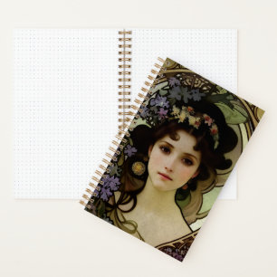 Elegant Mucha Style Porträt einer schönen Frau Notizbuch
